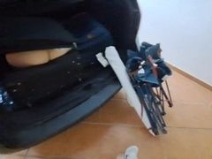 Wife hides in a travel bag and gets anal internal cumshot from her husband's best friend.