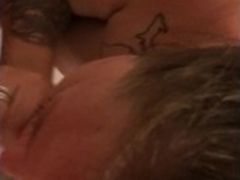 Tatted cougar gives bj in bathroom, gets facial cumshot