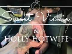 Two Hot Blonde Milfs play in the backseat while husbands watch