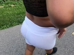 Changing to see through shirt in park no bra
