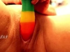 Solo pussy play stretch with a big toy