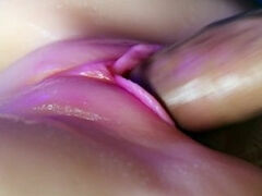 Juicy pussy close-up absorbs a portion of sperm from a big cock and slurps!