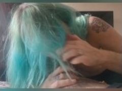 Blue haired MILF takes full load!
