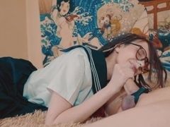Schoolgirl sucks cock! Fucking my girlfriend's mouth! Glasses stepsister blowjob! Tall girl Oral sex
