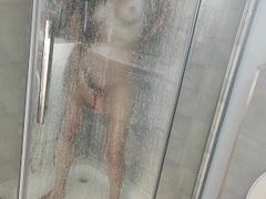 Cum to shower with skinny girl playing with her toy