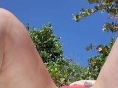 Topless on public beach exhibitionist playing with my rose toy on my pussy for everyone to watch